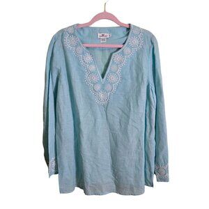 Vineyard Vines Mint Green Embroidered V Neck Linen Blanks Tonic Top Size XL
